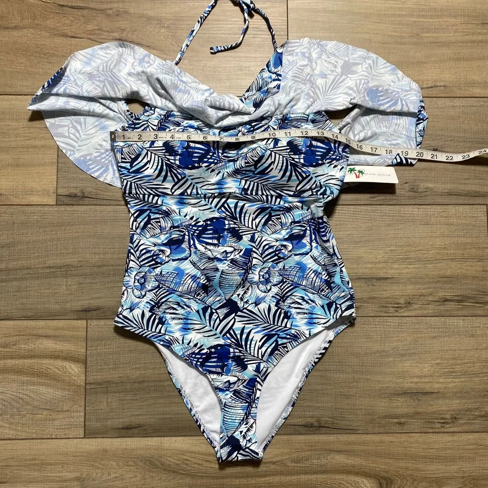 Stylish Swimwear Womens One Piece Floral Ruffle Halter Swimsuit Size‎ L Blue